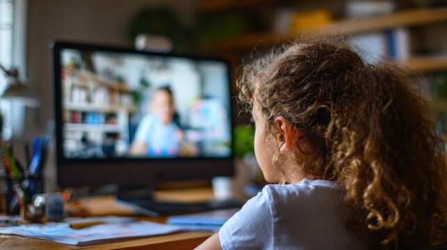 Girl listening to teacher during distance learning on desktop computer.