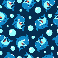 Cute cartoon sharks and bubbles seamless pattern on dark blue background. Vector illustration.