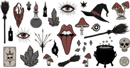 Big collection of wizardry elements for magic rituals or tarot deck, cauldron and crystals tongue, dead eye, mushrooms Halloween different witchcraft and sorcery tmagician and voodoo hand drawn