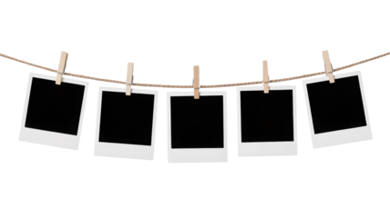 Five blank instant photos hang on twine with wooden clothespins, Isolated Transparent Background