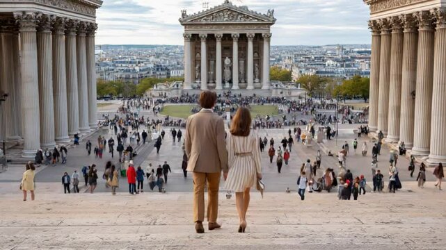 A Parisian Stroll: A couple enjoying the view of the historic architecture and cityscape of Paris.