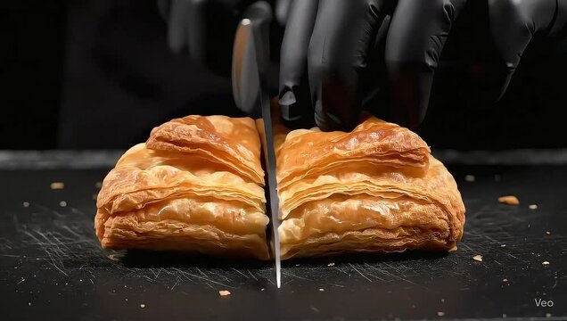 4K Macro Video of a Golden, Flaky Savory Pattie Being Sliced Cleanly. Ideal for Satisfying Visuals and ASMR Projects. Flaky Layers and Vibrant Detail for Relaxation or Edits.