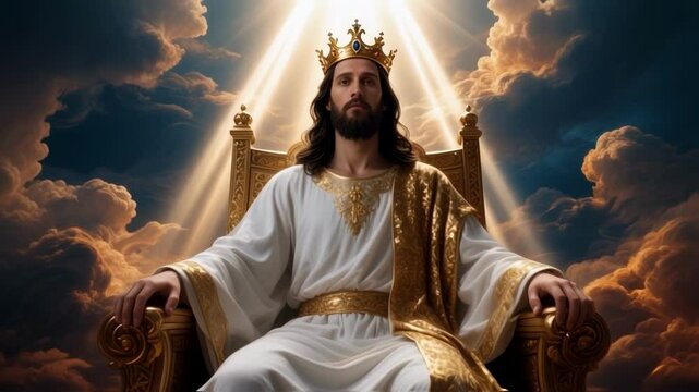 Majestic figure resembling Jesus wearing a crown sits on a throne in radiant clouds, emanating divine light, symbolizing spiritual authority, faith, and a heavenly kingdom for religious or fantasy con