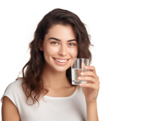 Smiling woman holding a glass of water, drinking water on a transparent background