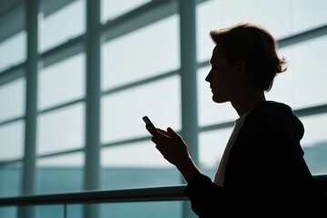 Silhouette of young caucasian male using smartphone in airport terminal