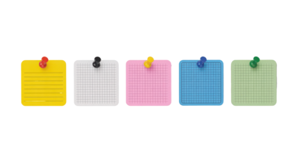 Five colorful note papers pinned on a black background, ready for messages, Isolated Transparent Background