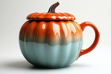 Ceramic cup with lid in shape of a orange pumpkin in a rustic style on a white background. Culinary art. 