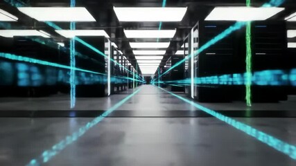 Futuristic data center corridor with glowing lines of data. Digital network and technology concept. - Powered by Adobe