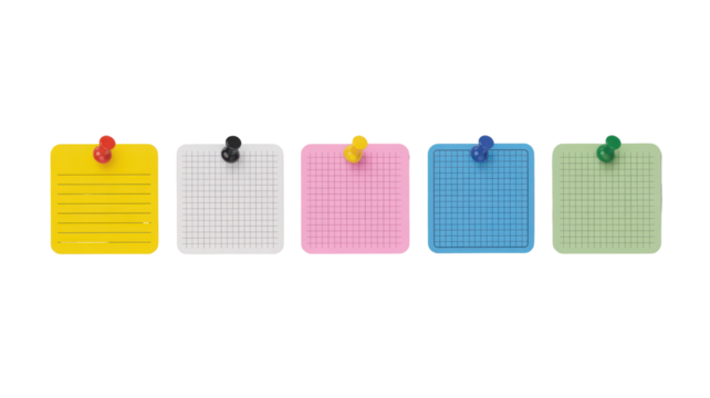 Five colorful note papers pinned on a black background, ready for messages, Isolated Transparent Background - Powered by Adobe