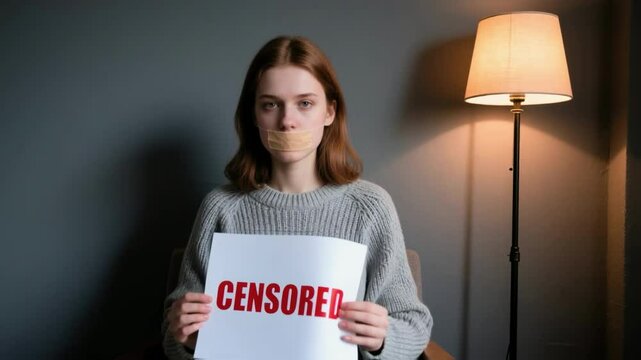 Young woman with a taped mouth sits holding a "CENSORED" sign, expressing protest against suppression of free speech and inability to speak out, symbolizing censorship and voicelessness