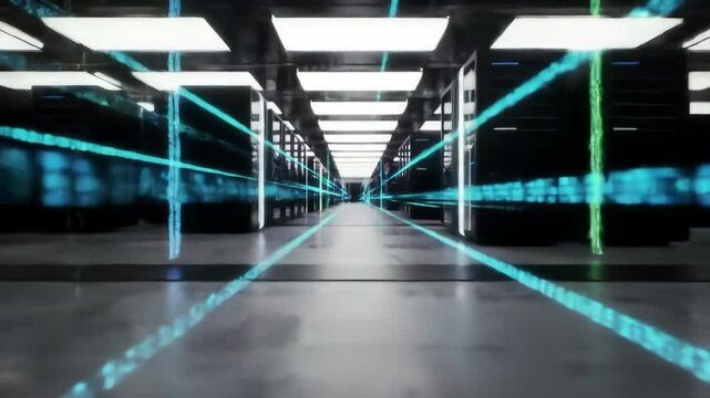Futuristic data center corridor with glowing lines of data. Digital network and technology concept. - Powered by Adobe