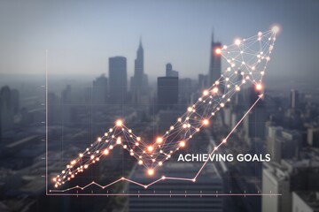 Digital growth chart with glowing nodes and lines showing upward trend over city skyline