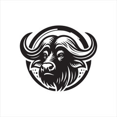 Naklejka premium A stylized black and white illustration of a buffalo head with curved horns inside a circular frame.
