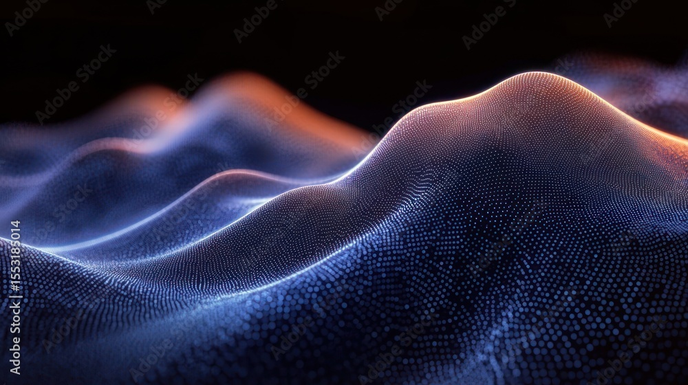Poster abstract digital wave landscape composed of illuminated dots forming smooth, flowing curves with a g
