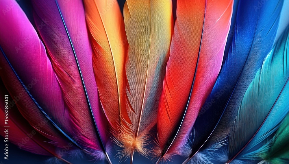Poster close-up of multiple colorful bird feathers arranged side by side showing vibrant hues and fine feat