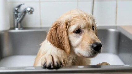 Adorable wet golden retriever puppy sits in a sink, likely during bath time, looking curious and cute, perfect for content related to pet care, grooming, and heartwarming animal moments