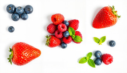 Fresh strawberries and blueberries with raspberries on white background  