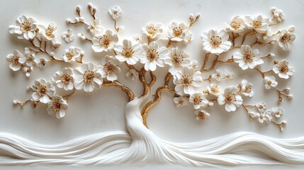 Elegant white blooming tree sculpture with golden accents and flowing textured base on a smooth white background