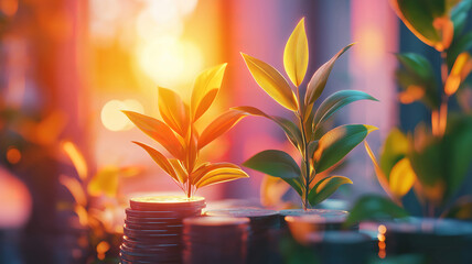 Growing plants on coin stacks reflect wealth building saving habits and investment planning