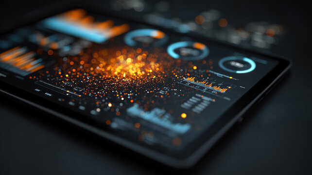 Tablet screen reveals business intelligence with graphics showing data streaming and insights