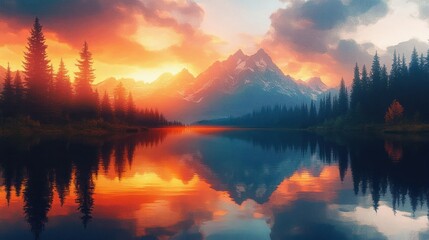 Serene mountain landscape at sunset with dramatic clouds reflecting on calm lake surrounded by pine trees