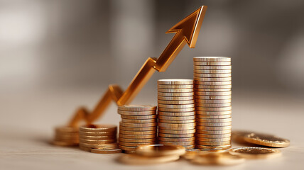 Stacked coins and upward arrow illustrate inflation rising rates and economic money trends