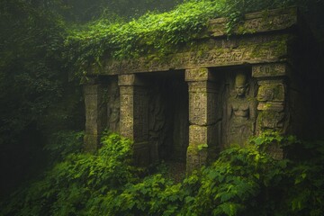 Maximalism in overgrown ancient ruins with lush vegetation and intricate stone carvings