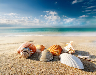 composition with beach water, sand, starfish and seashells. Summer vacations concept.