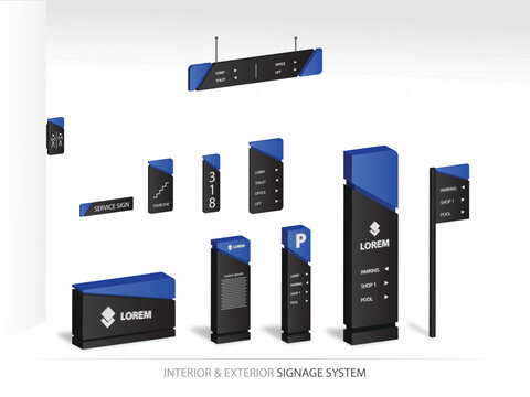 Wayfinding system 3D signage mockup set Direction signs Exterior and interior way finding design.
