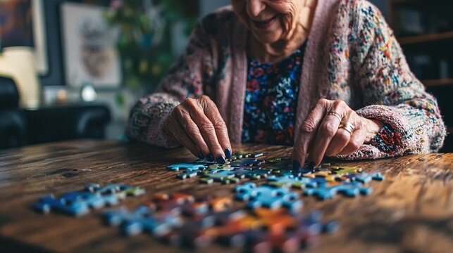 Elderly woman concentrating on solving jigsaw puzzle at wooden table, senior mental exercise and cognitive stimulation for memory care and dementia prevention.