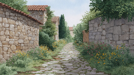 Obraz premium Explore a Charming Cobblestone Pathway Through Idyllic Countryside Surrounded by Lush Flowering Gardens and Historic Stone Walls, Perfect for Relaxing Walks and Scenic Adventures