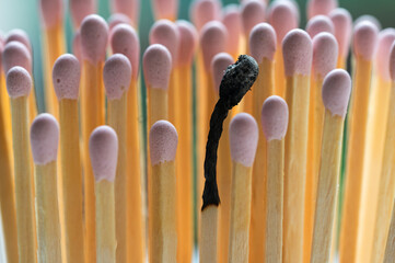 Group of pink matches and a burned match, burnout abstract concept