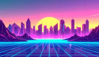 昇る太陽と共に浮かぶカラフルなネオン都市