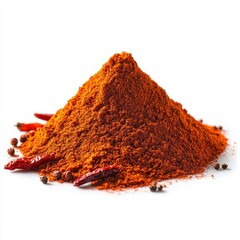Pile of vibrant red chili powder surrounded by whole dried red chili peppers and black peppercorns on a white background