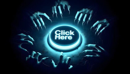 Dark Temptation &ndash; Eerie &ldquo;Click Here&rdquo; Button with Spooky Devil Hands