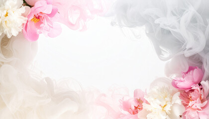 Fototapeta premium ふんわりスモークに包まれたピンクの花の背景フレーム