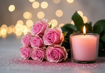 A romantic scene featuring a bouquet of delicate pink roses alongside a softly glowing candle on a surface dusted with shimmering pink glitter