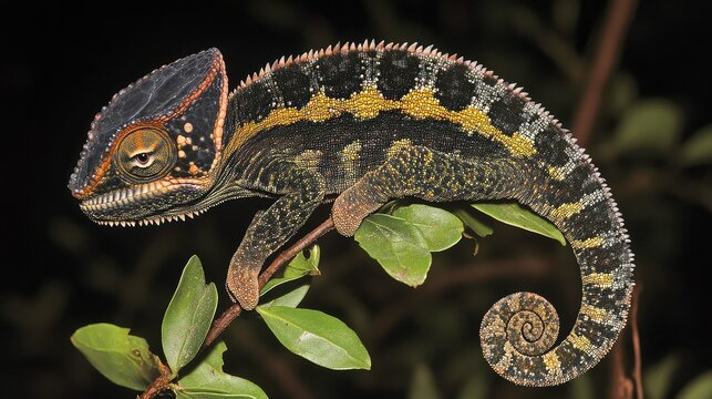 A Panther Chameleon (Furcifer pardalis) Climbing a small plant stem. Madagascar Island. -