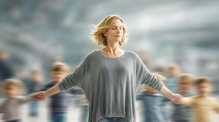 A tired woman standing with arms outstretched and behind her children and her work and care for the family. Concept of emotional load and silent strength.