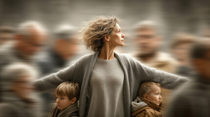 Fototapeta premium A tired woman standing with arms outstretched and behind her children and her work and care for the family. Concept of emotional load and silent strength.