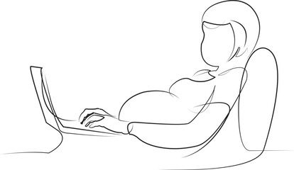 One continuous line drawing on white isolated background. Minimalism linear illustration. person, laptop, technology, woman, computer, pregnant, lifestyle, adult, indoor, working