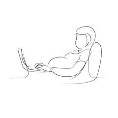 One continuous line drawing on white isolated background. Minimalism linear illustration. person, laptop, technology, woman, computer, pregnant, lifestyle, adult, indoor, working