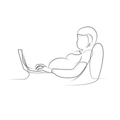 One continuous line drawing on white isolated background. Minimalism linear illustration. person, laptop, technology, woman, computer, pregnant, lifestyle, adult, indoor, working