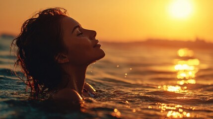Happy young woman in bikini floating calmly on ocean surface, golden sunset reflecting on the waves.