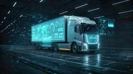 Futuristic semi-truck on a glowing, digital roadway. Advanced technology displays information on the truck's exterior, suggesting autonomous driving or logistics management - Powered by Adobe