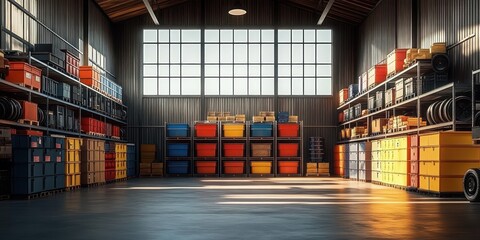 Fototapeta premium Organized warehouse interior with natural light featuring colorful storage bins on tall metal shelves