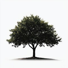 Solitary tree with dense green foliage standing on a small mound against a stark white background, evoking calm and simplicity