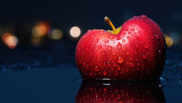 Red apple with water droplets reflects in a dark surface