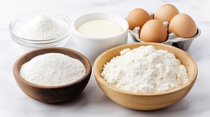 Separate raw ingredients for preparing scones displayed in bowls on a clean kitchen surface. Includes flour, eggs, cream, and dairy