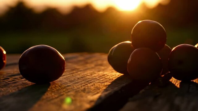 Sunset over a rustic wooden table with glossy syzygium cumini, casting long shadows as the warm light enhances the natural beauty of the surrounding landscape